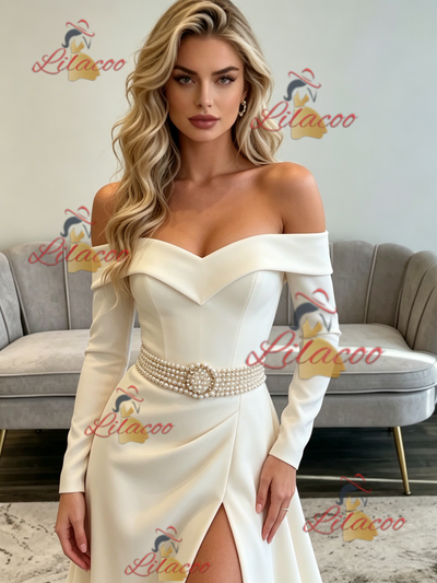 White Long Sleeve Split Prom Dress