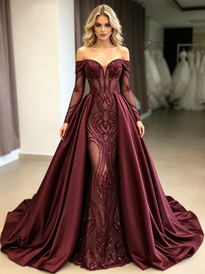 Burgundy Sequins Satin Long Sleeve Prom Dress
