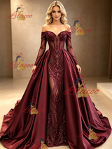 Burgundy Sequins Satin Long Sleeve Prom Dress
