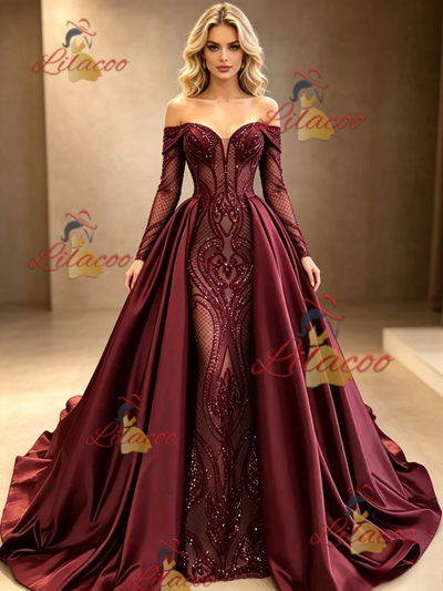 Burgundy Sequins Satin Long Sleeve Prom Dress