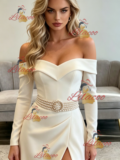 White Long Sleeve Split Prom Dress