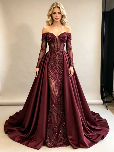 Burgundy Sequins Satin Long Sleeve Prom Dress