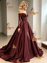 Burgundy Sequins Satin Long Sleeve Prom Dress