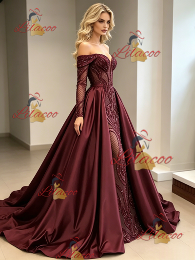 Burgundy Sequins Satin Long Sleeve Prom Dress