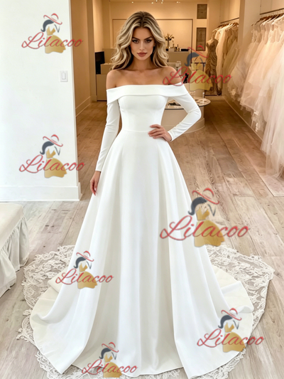 White Long Sleeve Off the Shoulder Wedding Dress