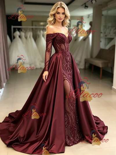 Burgundy Sequins Satin Long Sleeve Prom Dress