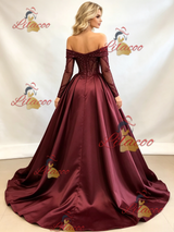 Burgundy Sequins Satin Long Sleeve Prom Dress