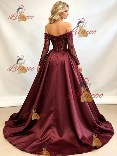 Burgundy Sequins Satin Long Sleeve Prom Dress