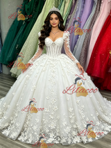 White Tulle Long Sleeve Appliques Quinceanera Dress