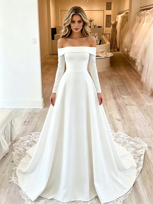 White Long Sleeve Off the Shoulder Wedding Dress