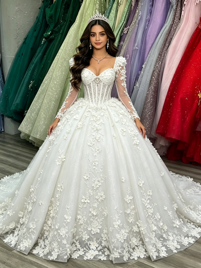 White Tulle Long Sleeve Appliques Quinceanera Dress