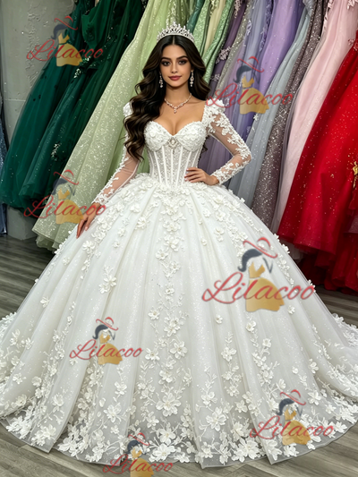 White Tulle Long Sleeve Appliques Quinceanera Dress