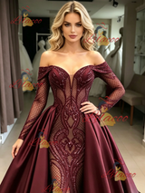 Burgundy Sequins Satin Long Sleeve Prom Dress