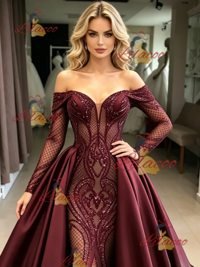 Burgundy Sequins Satin Long Sleeve Prom Dress