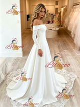 White Long Sleeve Off the Shoulder Wedding Dress