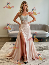 Champagne Sequins Strapless Beading Prom Dress