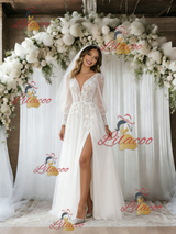Tulle V-neck Long Sleeve Wedding Dress