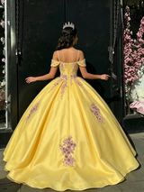 Yellow Tulle Straps Appliques Quinceanera Dress