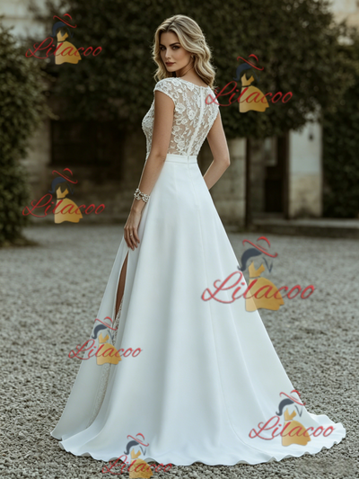 White Scoop Neck Cap Sleeve Wedding Dress