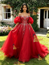 Red Tulle Puff Sleeve Beading Quinceanera Dress