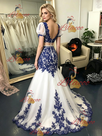White Tulle Mermaid Appliques Prom Dress