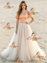 Champagne Tulle Off the Shoulder Beading Wedding Dress