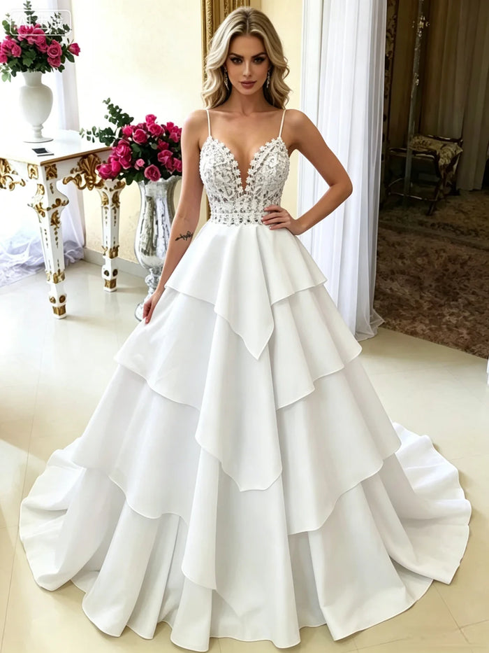White Spaghetti Straps Lace Wedding Dress