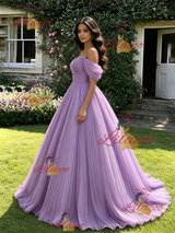 Purple Tulle Off the Shoulder Pleats Quinceanera Dress