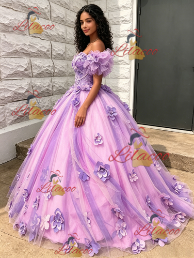 Purple Tulle Off the Shoulde 3D Flower Quinceanera Dress