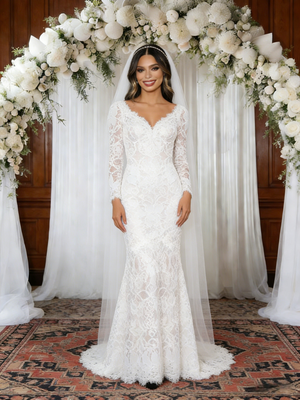 White Mermaid Lace V-neck Long Sleeve Wedding Dress
