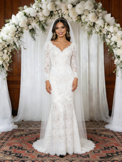 White Mermaid Lace V-neck Long Sleeve Wedding Dress