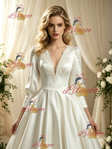Ivory Satin Long Sleeve Backless Lace Wedding Dress