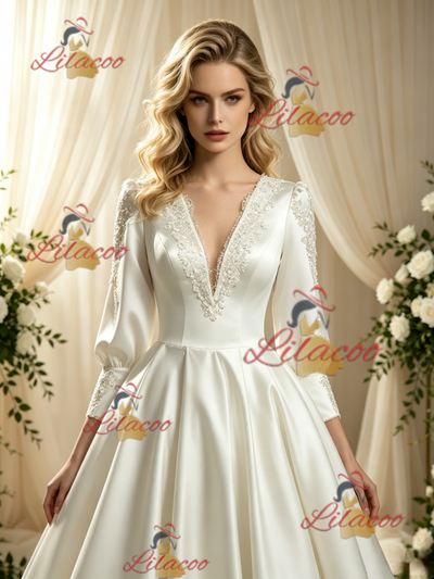 Ivory Satin Long Sleeve Backless Lace Wedding Dress