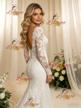Beige Wite Mermaid Lace Long Sleeve Wedding Dress