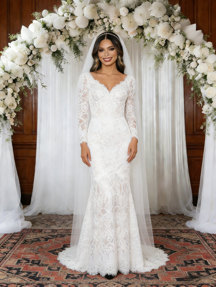 White Mermaid Lace V-neck Long Sleeve Wedding Dress