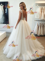White Tulle V-neck Straps Beading Wedding Dress