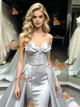 Silver Satin Strapless Pleats Prom Dress