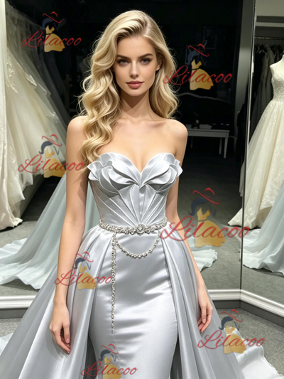 Silver Satin Strapless Pleats Prom Dress