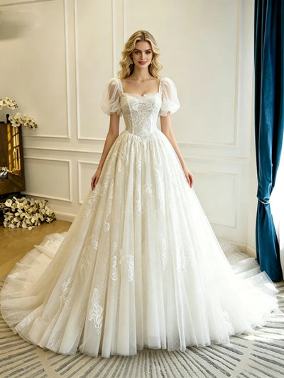 Beige White Lace Puff Sleeve Wedding Dress