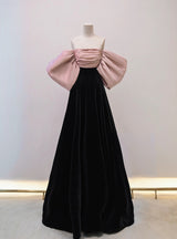 Black Velvet Pink Satin Pleats Prom Dress