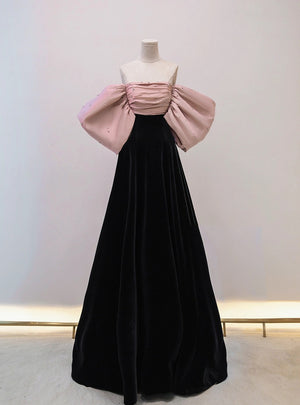 Black Velvet Pink Satin Pleats Prom Dress