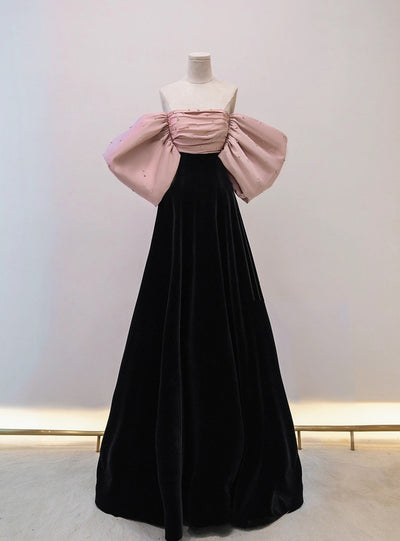Black Velvet Pink Satin Pleats Prom Dress