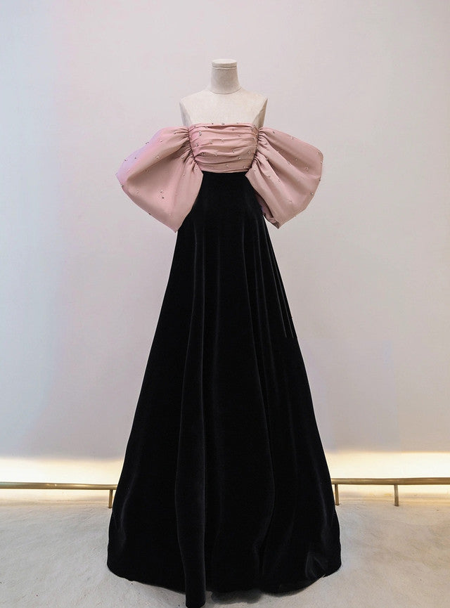 Black Velvet Pink Satin Pleats Prom Dress
