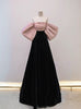 Black Velvet Pink Satin Pleats Prom Dress
