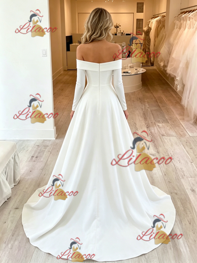 White Long Sleeve Off the Shoulder Wedding Dress