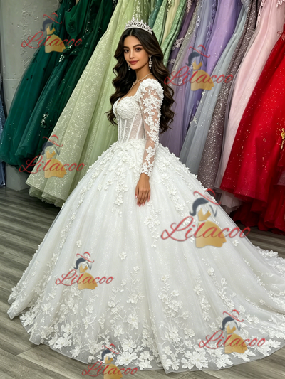 White Tulle Long Sleeve Appliques Quinceanera Dress