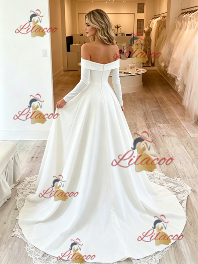 White Long Sleeve Off the Shoulder Wedding Dress