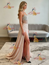 Champagne Sequins Strapless Beading Prom Dress