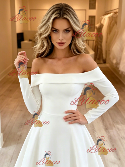 White Long Sleeve Off the Shoulder Wedding Dress