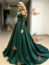 Green Sequins Satin Long Sleeve Prom Dress